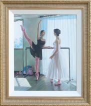 J GASTON. Signed oil on canvas depicting a ballerina with tutor, frame size 80cm x 70cm