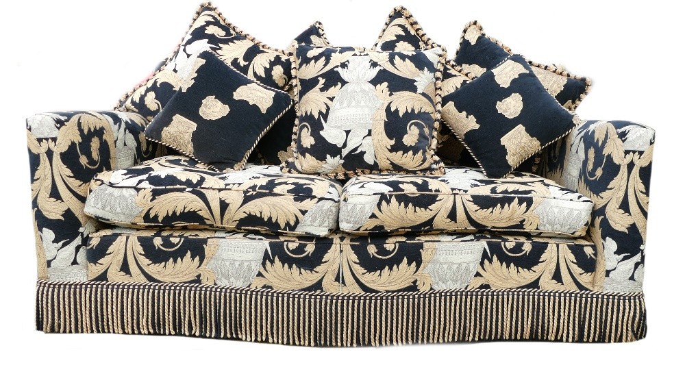 Superb Versace style shaped two seater sofa, luxury embossed Damask material, made by Duresta