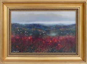 Jack SIMCOCK (1929-2012), oil on board with unusual coloured floral landscape, 20cm x 30cm.