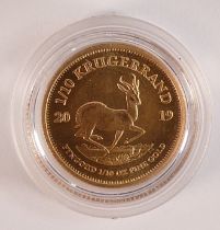 22ct Gold 1/10th oz Krugerrand coin dated 2019, 3.5g.