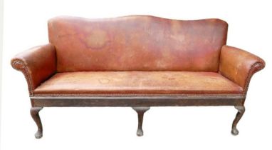 19th century three-legged leather sofa, tavern style. H 99cm x L 206cm x D 63cm