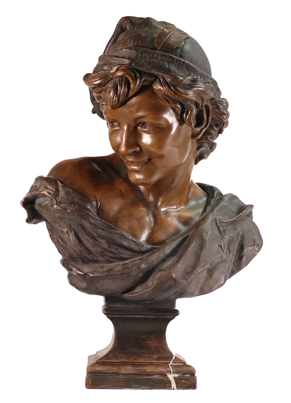 Bretby, after Jean-Baptiste Carpeaux, Earthenware bust of Neapolitan Fisherman bronzed on square - Image 2 of 7
