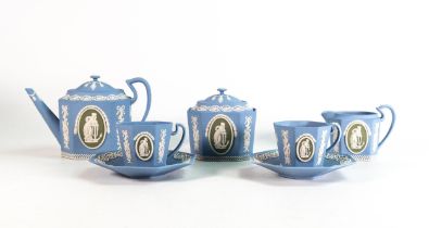 Wedgwood three coloured Jasperware tea set, each piece is octagonal shaped, blue & white