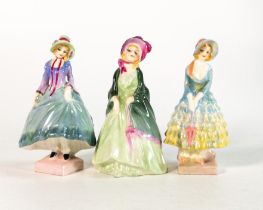 Three Royal Doulton early miniature figures comprising Pricilla M13, Pantalettes M31 and The Paisley