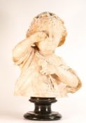 Italian carved alabaster bust of an upset child, mounted on a dark hardstone socle, height 51cm a/f