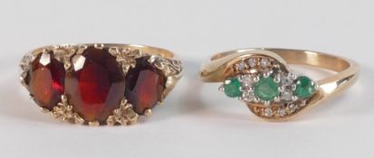 Two 9ct gold hallmarked rings - Diamond & emerald , size N, together with garnet 3 stone, size P,