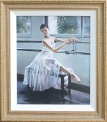 J GASTON. Signed oil on canvas depicting a ballerina resting on stool, frame size 80cm x 70cm