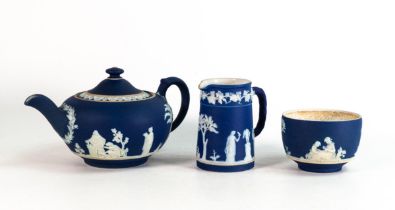 Wedgwood Dip Blue Jasperware c.1920 tea pot and milk jug decorated in white bas relief 'Sacrifice to