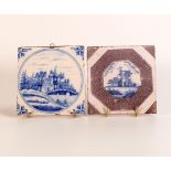 Two 17th / 18th century Delft tiles, depicting building landscapes. One with octagonal purple