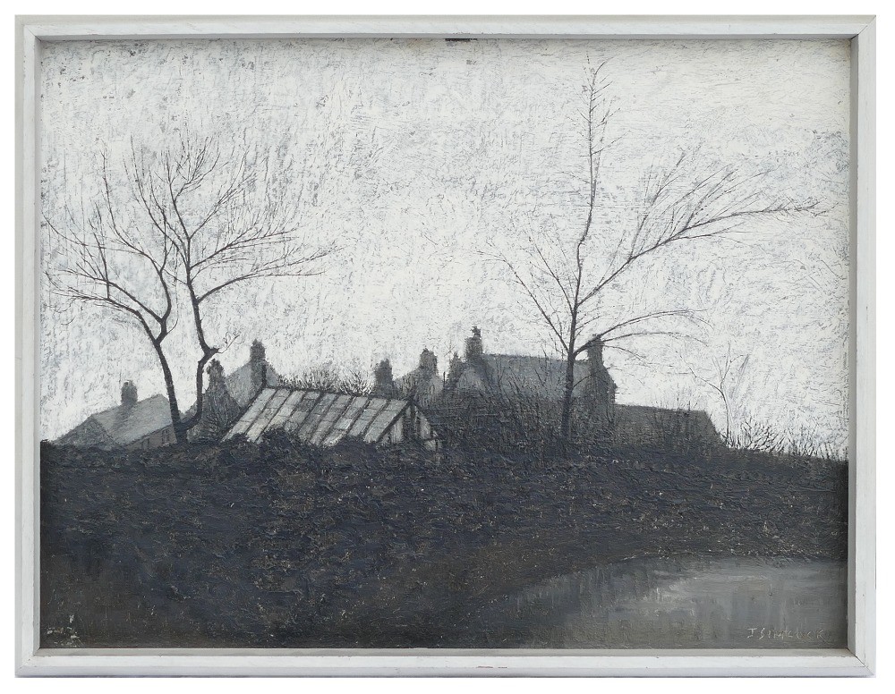 Jack SIMCOCK (1929-2012), oil on board Green house & houses & trees in landscape, dated 1956, 46cm x - Image 5 of 5