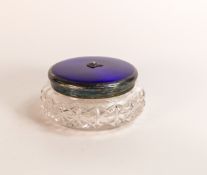 Cut Crystal and Sterling silver lidded vanity pot with blue Guilloche enamel top. Inscription to