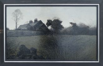 Jack SIMCOCK (1929-2012), oil on board farmhouse & trees in landscape, dated 1969, 46cm x 76cm.