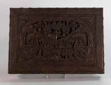 African hard wood jewellery box carved with various animals, 30cm x 22cm x 6cm.