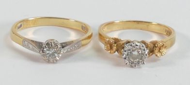 Two single stone diamond solitaire rings set in 18ct gold. Sizes L & N, weight 5.6g.