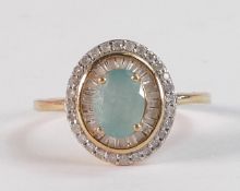 9ct gold set rare grandidierite (blue / green) oval 8mm x 6mm stone, surrounded by 66 diamonds,