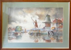 Louis VAN STRAATEN (1859-1924), watercolour painting of canal and windmill scene, 50cm x 75cm in