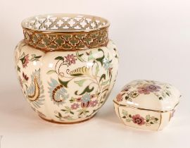Zsolnay Pecs jardinière with pierced top edge, gilded & decorated with multicoloured flowers, h.17cm