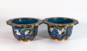 Pair of Cloisonné enamelled planters, decorated with cranes & foliage, height 10.5cm dia. 21cm