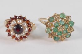 Two 9ct gold hallmarked rings - emerald (or similar green stone) & diamond chip cluster, size P,