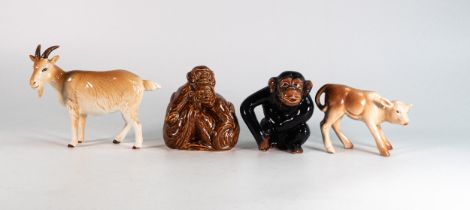 A collection of Sylvac pottery animals to include Seated Chimp, Pair of Monkeys, Calf & Billy