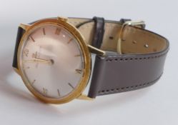 Jaeger Le Coultre 18ct gold gents vintage wristwatch. No 992836A. Dial diameter 3.15cm, with leather