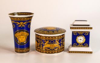 Rosenthal Versace Medusa small flared vase, small mantle clock and lidded trinklet box. Height of