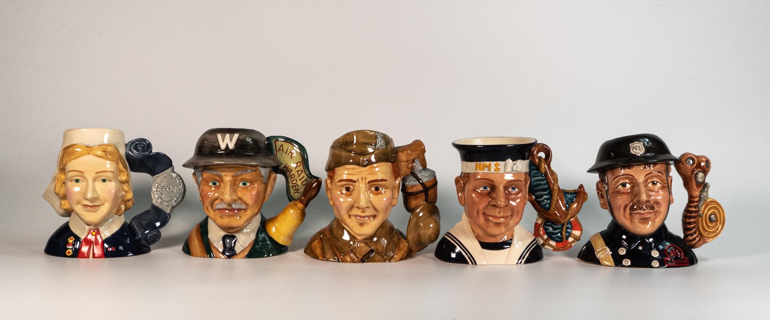 Royal Doulton intermediate jugs Sailor D7263, Fireman D7215, Home Guard D7207, Air Raid Warden D7209