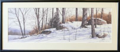Ray Hendershot (1931-2019), print of snowy landscape "First Snow" 26cm x 79cm, framed