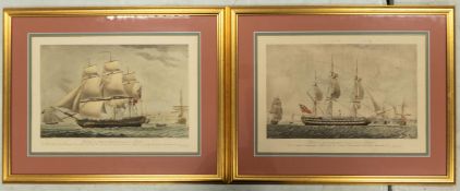 Pair of large hand coloured engravings an East Indiaman sailing ship at Spithead, and Sailing near