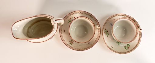 18th century Spode Shell pattern tea ware to include two teacup and saucers and a milk jug