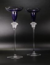 Rosenthal for Versace Medusa head glass Amethyst coloured candlesticks, height 26.5cm (2)