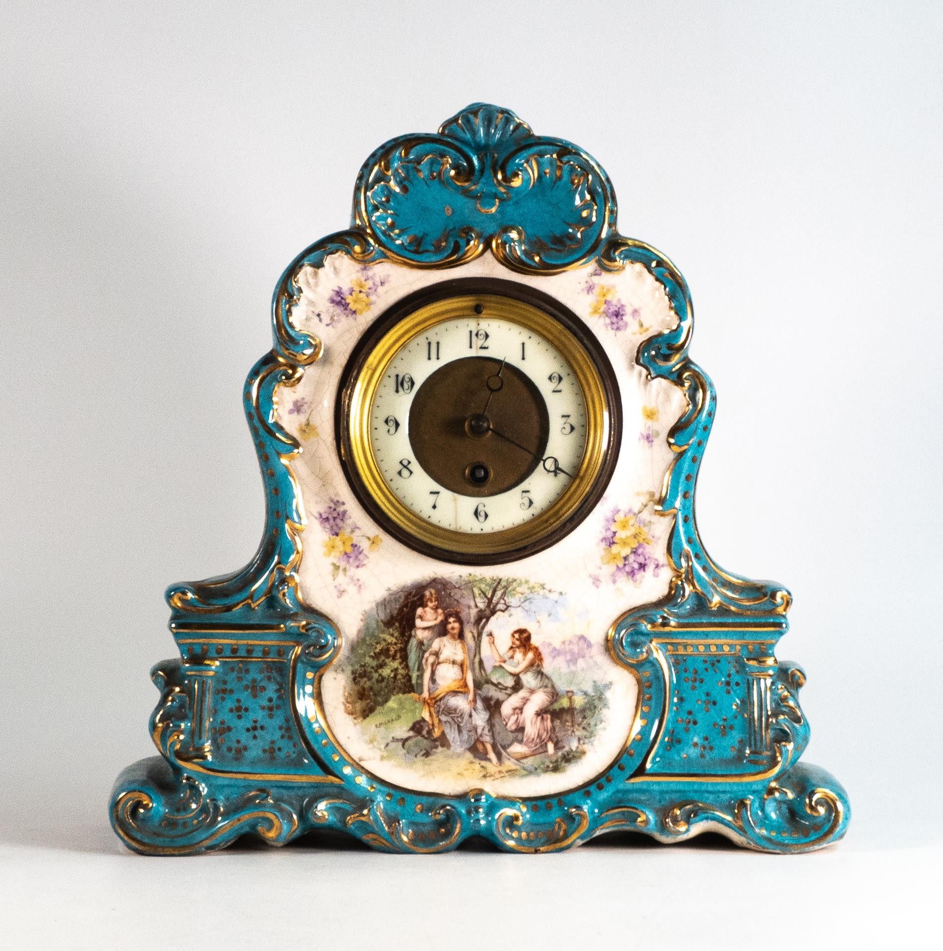 Continental 19th century Mantle clock, height 34cm, two hairline cracks to dial, crazing throughout