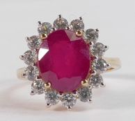 9ct ct gold hallmarked African Ruby (10mm x 12mm) & natural white zircon cluster ring, size R, gross