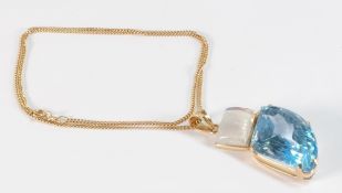 15ct gold Moonstone and aquamarine abstract pendant & chain, rectangular cut moonstone with shaped
