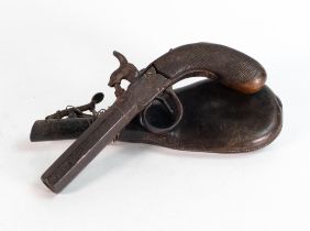19th century percussion pistol with gunpowder flask.