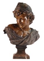 Bretby, after Jean-Baptiste Carpeaux, Earthenware bust of Neapolitan Fisherman bronzed on square