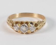 18ct gold and old cut diamond 3 stone ring, centre stone 4mm appx. Not hallmarked, but tested as