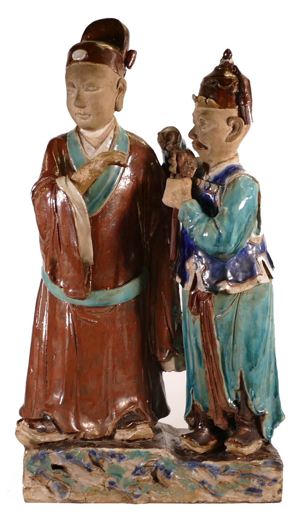 Chinese Shiwan Daoist pottery figure group, Qing Dynasty, h.62 x d.16.5 x w.35, (a/f loss to fingers