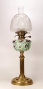 Art Nouveau brass column oil lamp with painted glass reservoir, chimney & shade, height complete