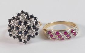 Two 9ct gold hallmarked rings - sapphire & diamond cluster ring, size L, together with a ruby &