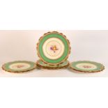 Set of eight Paragon hand painted plates decorated with fruits with a gilt and green border. All