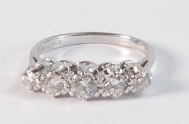 18ct white gold five stone diamond ring, each stone approx. .20-.25ct, size K/L, 3.8g.
