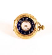 18ct gold ladies enamelled half Hunter top winding fob watch, d.3.25cm, 38.3g in inlaid small wooden
