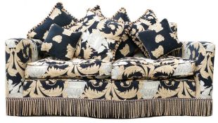 Superb Versace style shaped two seater sofa, luxury embossed Damask material, made by Duresta