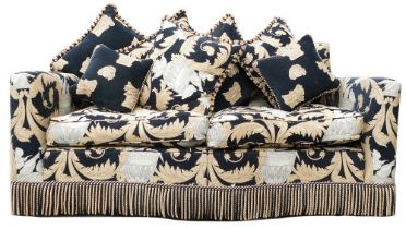 Superb Versace style shaped two seater sofa, luxury embossed Damask material, made by Duresta