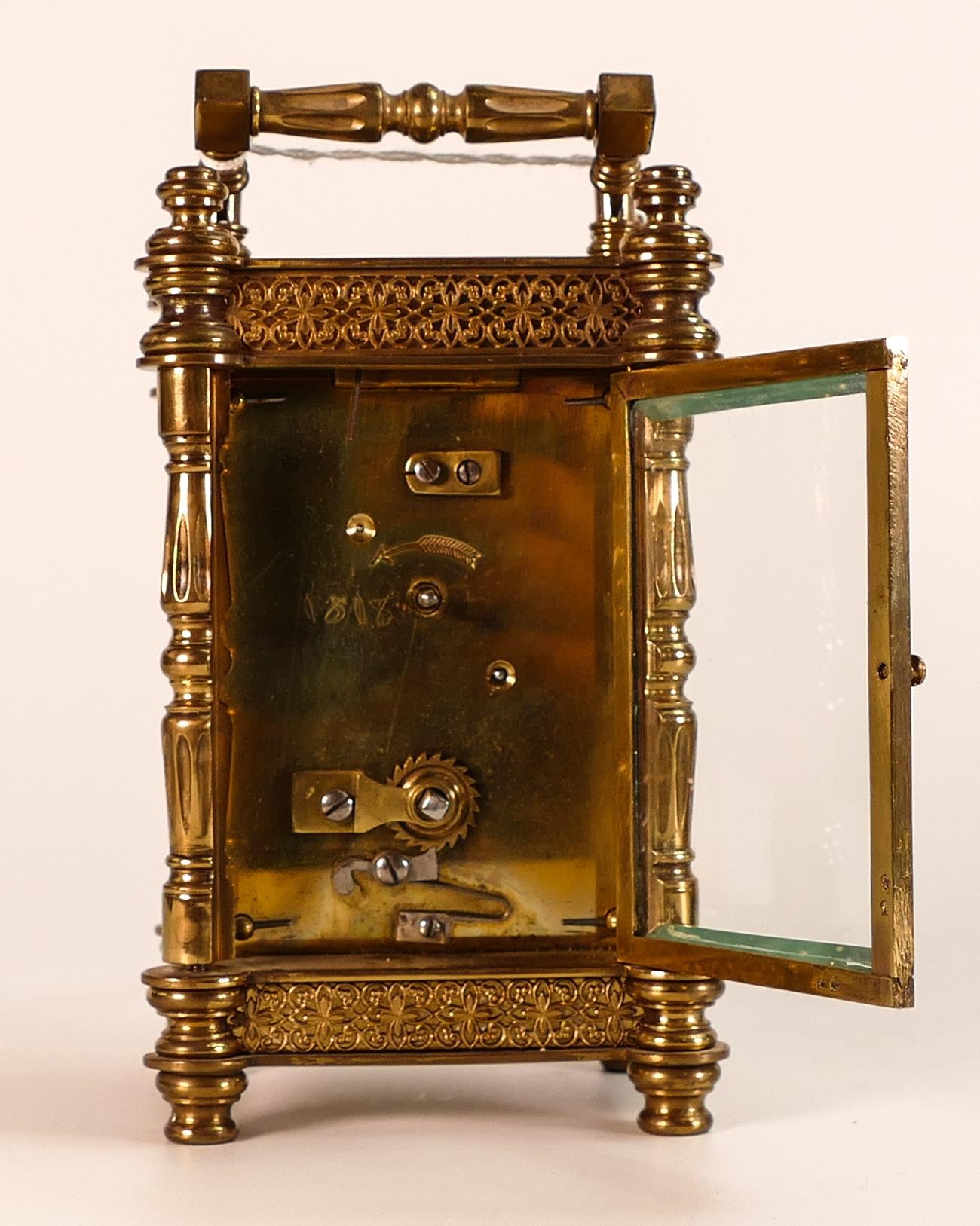 Exceedingly ornate brass carriage clock, late 19th century, no key, sold as not working. 15cm high - Image 4 of 6