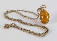 An Amber pendant & chain, the oval amber in 14ct gold mount, h.3cm on a gold plated necklace.