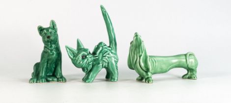 A collection of Sylvac green pottery animals to include Cat 1046, Dachshund & Alsatian Pup 1369,