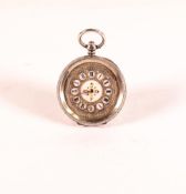 Silver ladies ornate fob watch with ornate silvered dial, d.3.5cm. Nice clean watch in ticking