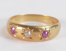 18ct gold ring set rubies & diamond, ring size O, weight 4.19g. Clearly hallmarked for Birmingham